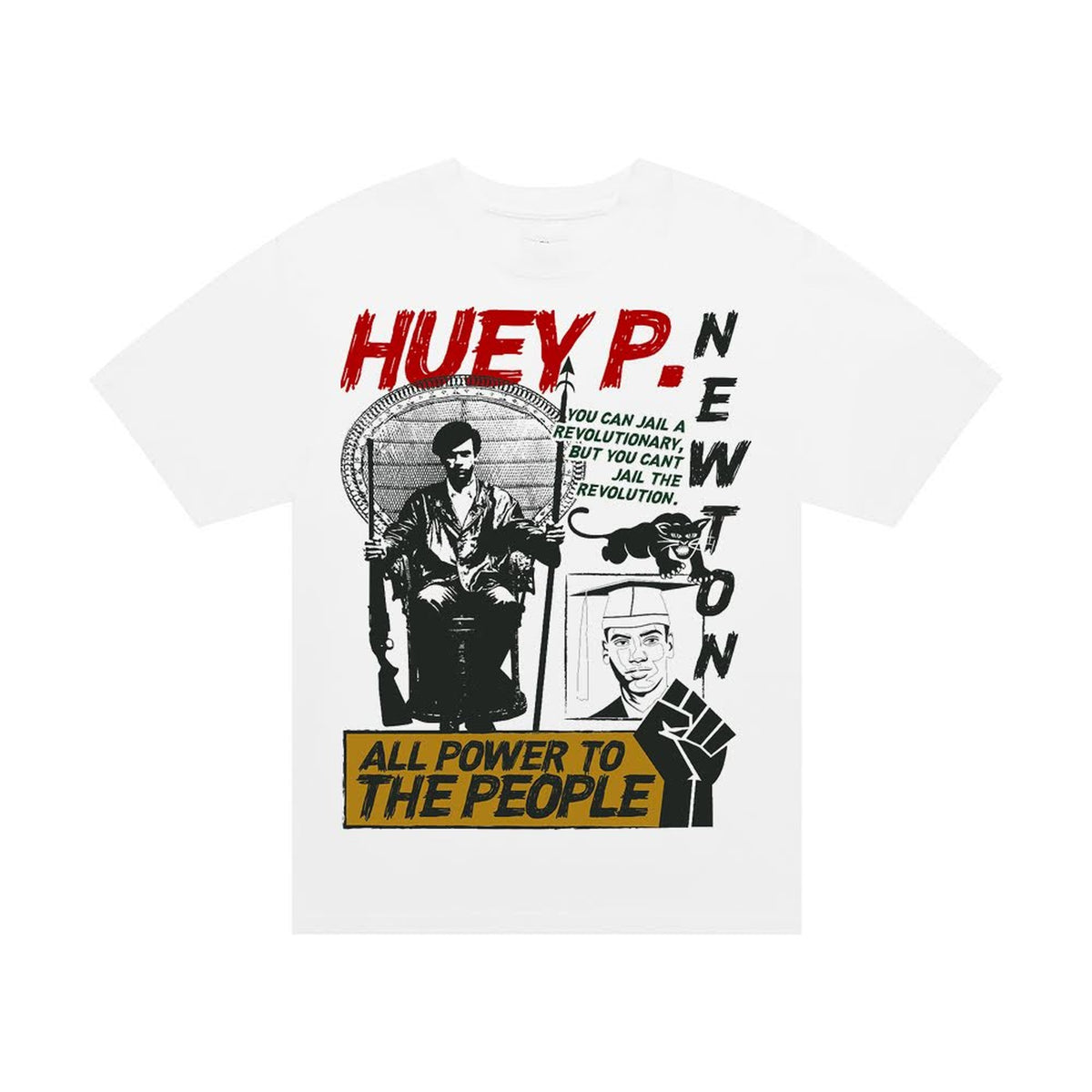 Huey P. Newton All Power to the People tee in white with a red, green, gold and black collage of Huey Newton on the wicker throne, a panther and a raised fist