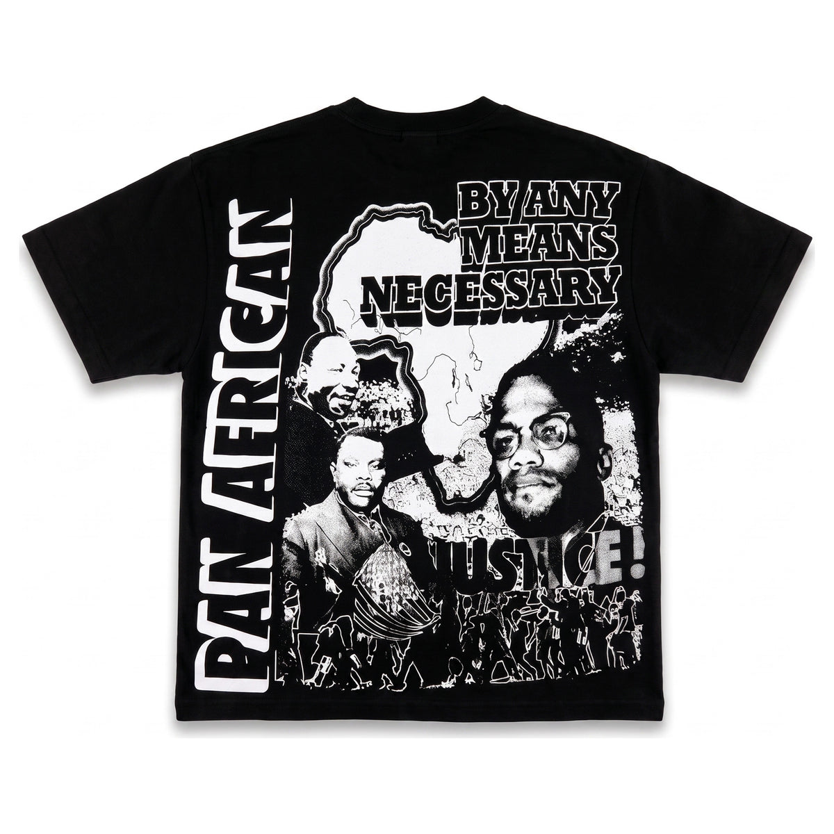Pan-African Justice tee in black, back - white halftone print