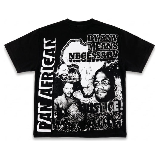 Pan-African Justice tee in black, back - white halftone print