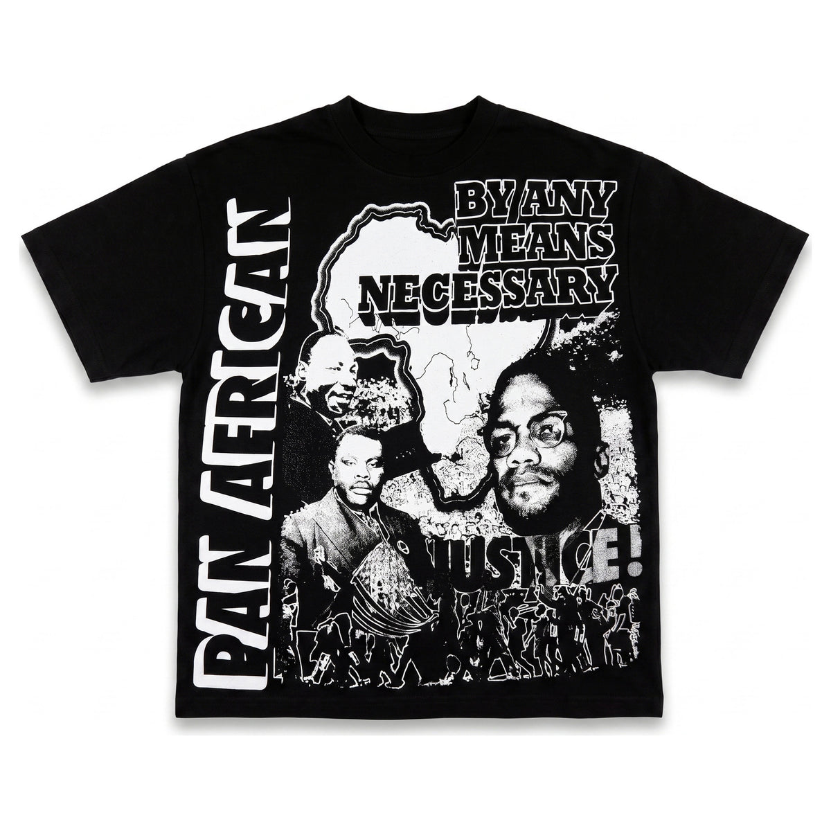 Pan-African Justice tee in black, front - white halftone print with Africa map, By Any Means Necessary and Justice