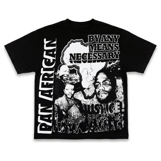 Pan-African Justice tee in black, front - white halftone print with Africa map, By Any Means Necessary and Justice
