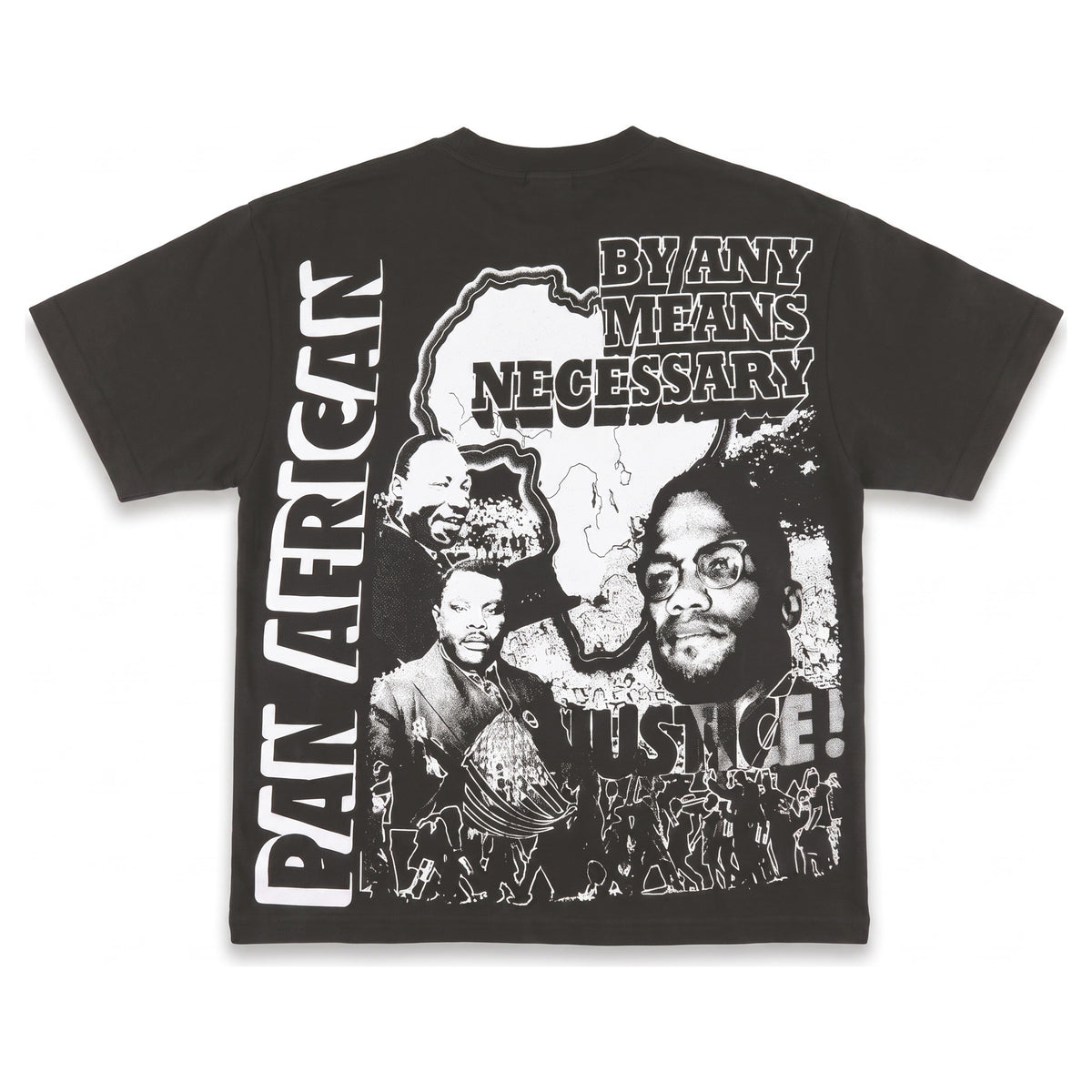 Pan-African Justice tee in off black, back - white halftone print