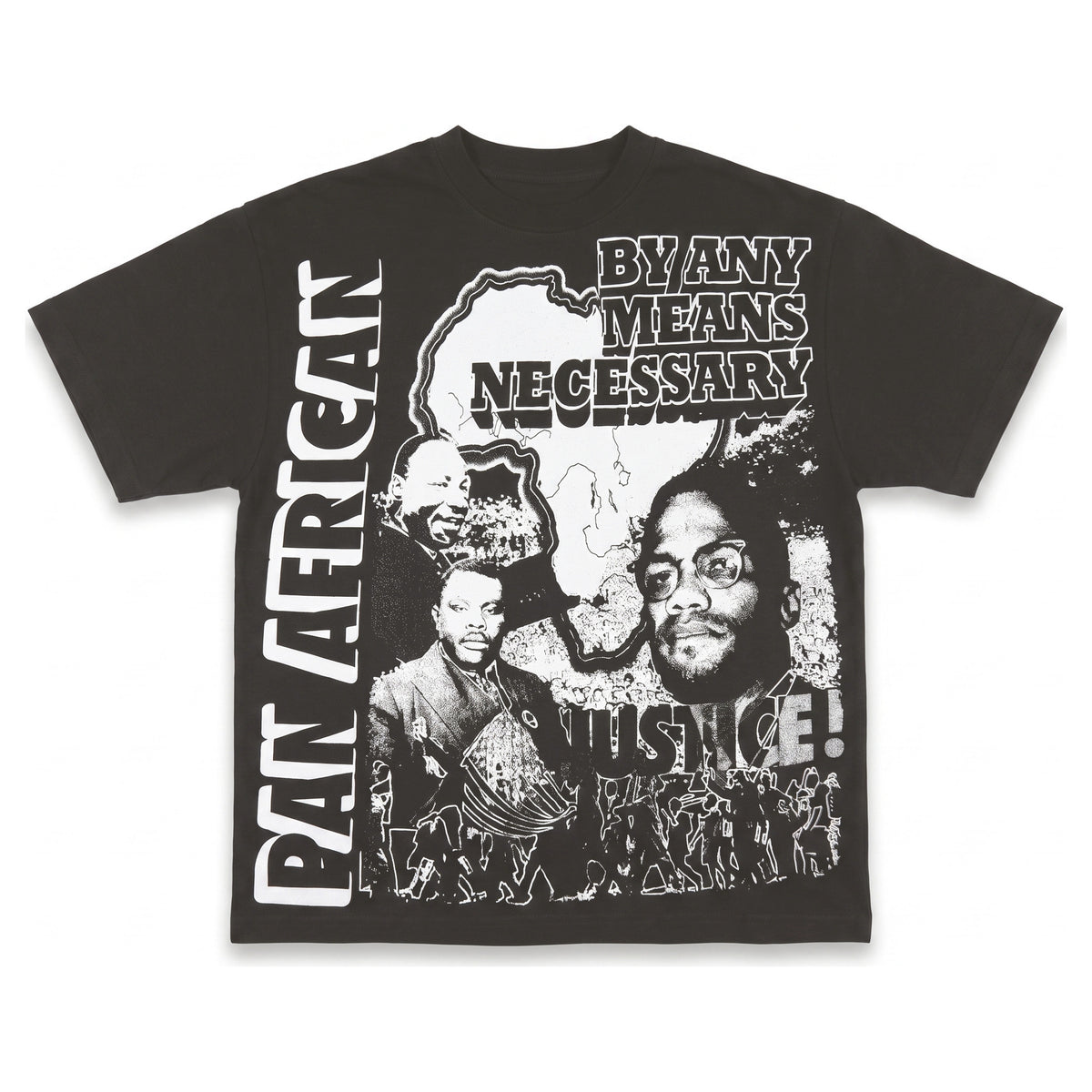 Pan-African Justice tee in off black, front - white halftone print